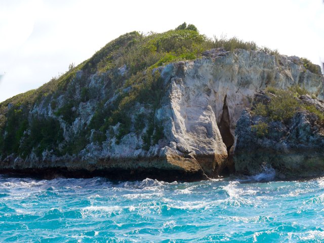 Entrance to Thunderball Grotto in the Bahamas, seen across the waves
