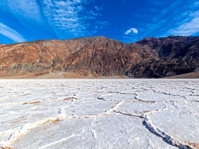Salt flats and mountains of Badwater Basin in California