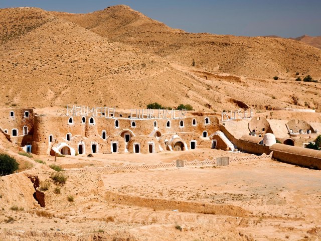Homes carved out of desert landscape in Matmata, Tunisia