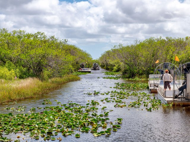 Traditional airboat docked in the Everglades of Florida
