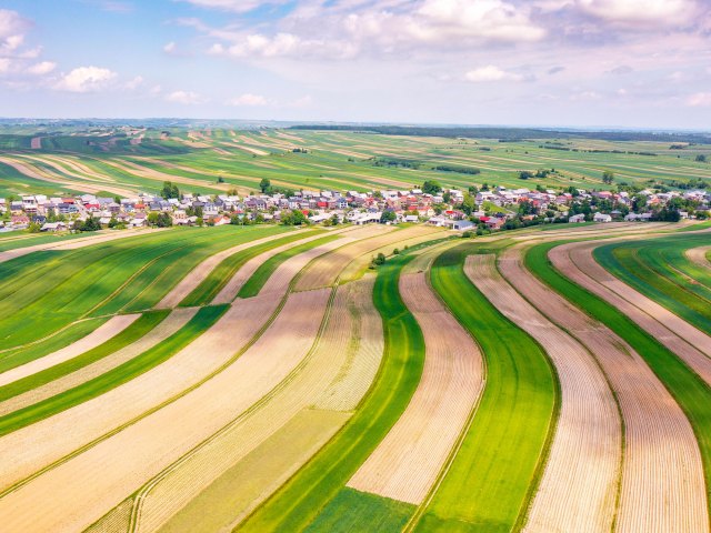 Aerial view of homes and fields in Sułoszowa, Poland