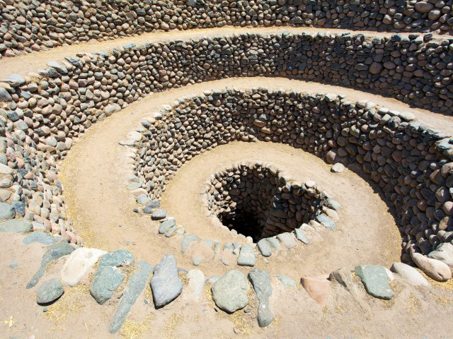View of circular underground Nazca Aqueducts in Peru