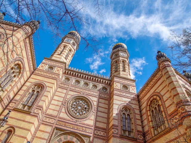 View upwards of Dohány Street Synagogue in Budapest, Hungary