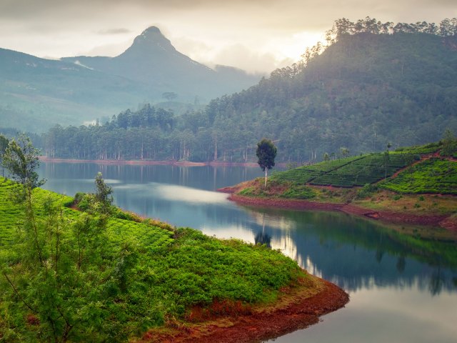 View of Sri Pada (Adam's Peak) in Sri Lanka, seen from across lake