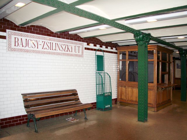 Empty bench in subway station in Budapest, Hungary