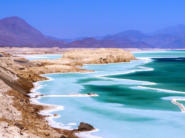 Overview of multi-colored Lake Assal in Djibouti