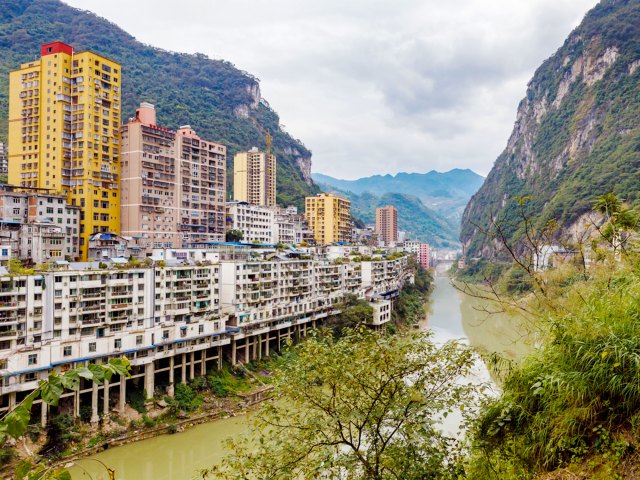 City of Yanjin, China, built along river between steep mountains