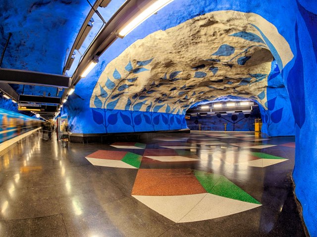 Blue-painted interior of T-Centralen Station in Stockholm, Sweden