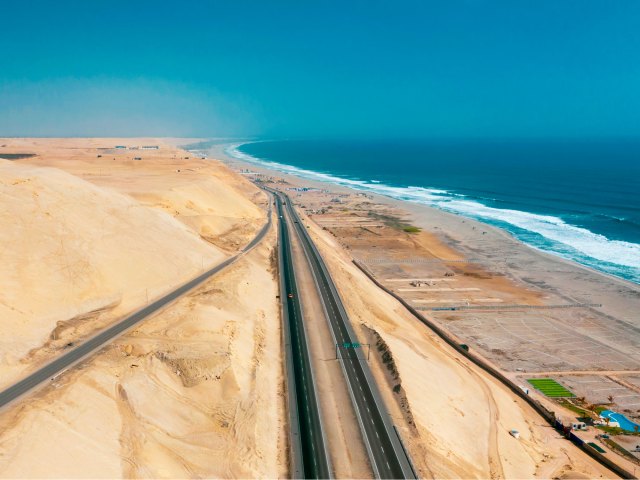 Aerial view of the Pan-American Highway along the coastline of Chile