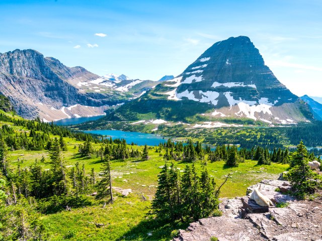 River meandering through mountainous landscape of Glacier National Park