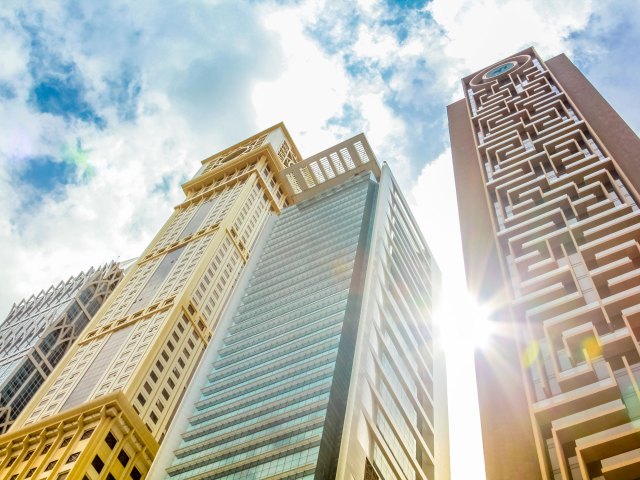 View up at vertical maze on skyscraper in Dubai, United Arab Emirates