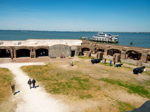 Visitors exploring Fort Sumter National Monument in Charleston, South Carolina