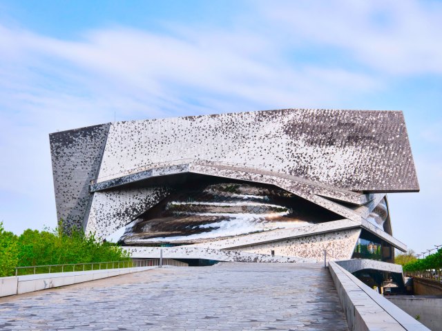 Striking modern silver facade of the Paris Philharmonic in France
