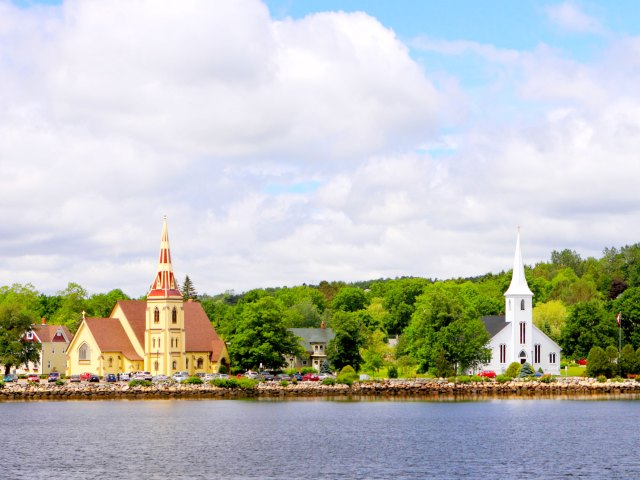 View of churches across the bay in Mahone Bay, Nova Scotia
