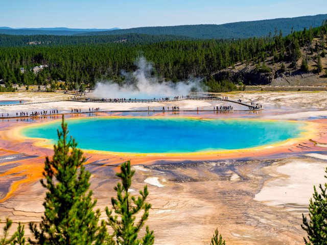 Rainbow-colored waters of Grand Prismatic Spring in Yellowstone National Park