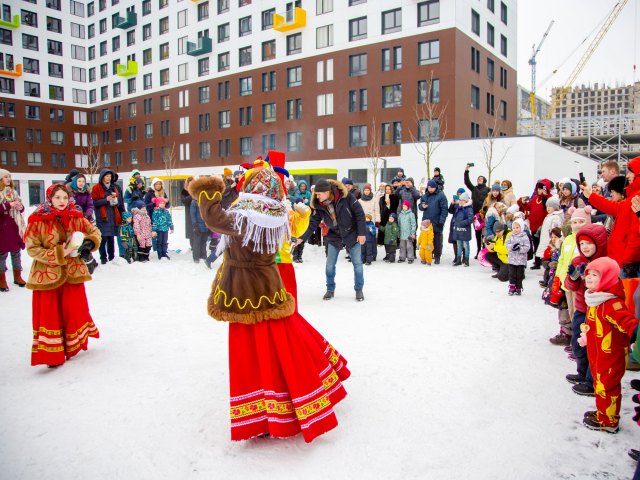 Performers in costume at the Maslenitsa Pancake Festival in Russia