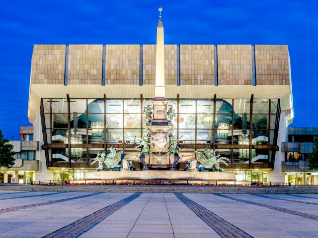 Exterior of Leipzig Concert Hall in Germany, seen at night