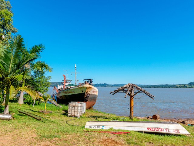 Boat parked along the shore of South America's Paraná River