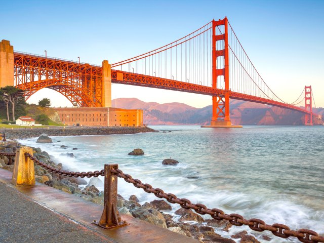 View of the Golden Gate Bridge from shores of San Francisco Bay