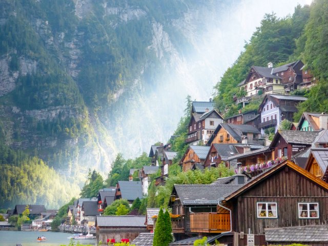 Homes built into hillside in Hallstatt, Austria