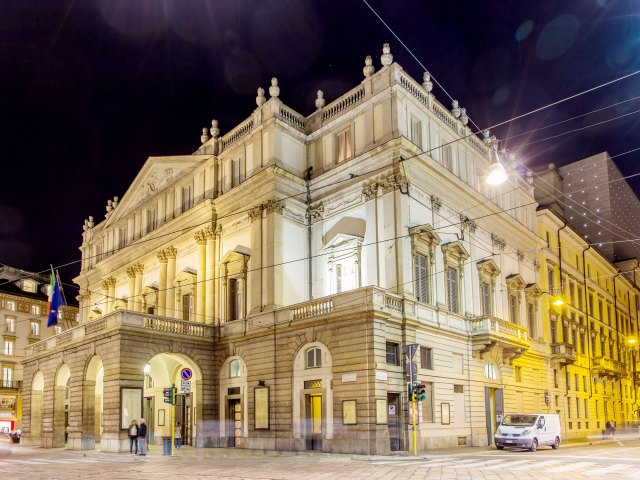 Exterior of La Scala opera house in Milan, Italy, at night