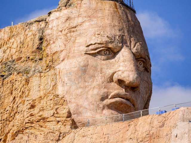 Giant sculpted face of Crazy Horse at unfinished Crazy Horse Memorial in South Dakota
