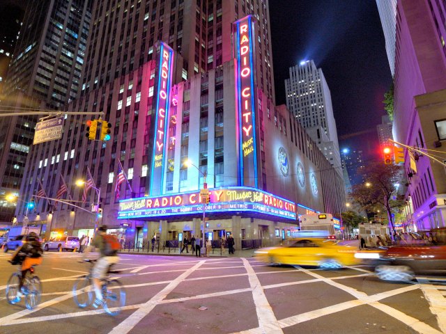 Iconic marquee of Radio City Music Hall in New York City, seen at night