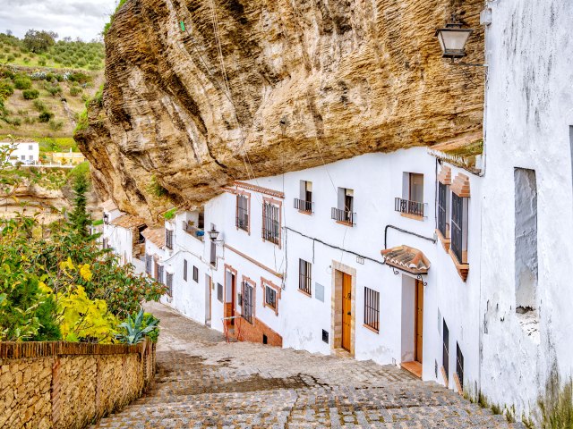 Homes built under rock in Setenil de las Bodegas, Spain