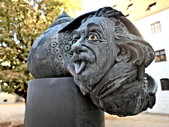 Close-up image of the Einstein Fountain in Ulm, Germany