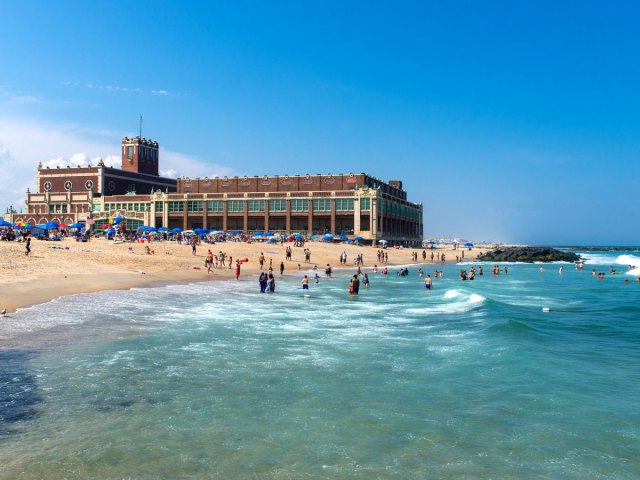 Swimmers at beach in Asbury Park, New Jersey