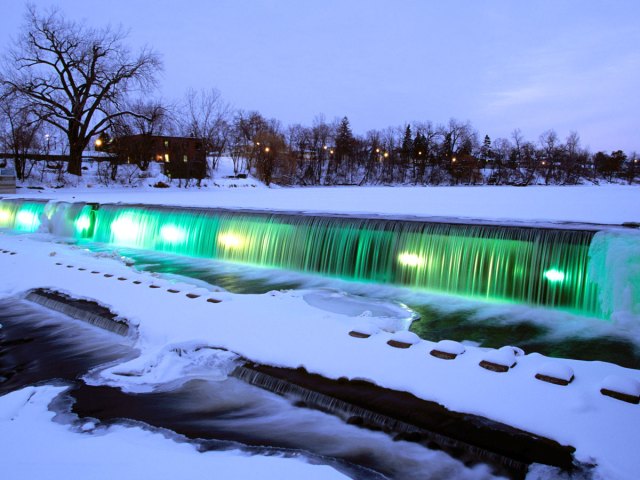 Frozen dam, seen at night, in Anoka, Minnesota