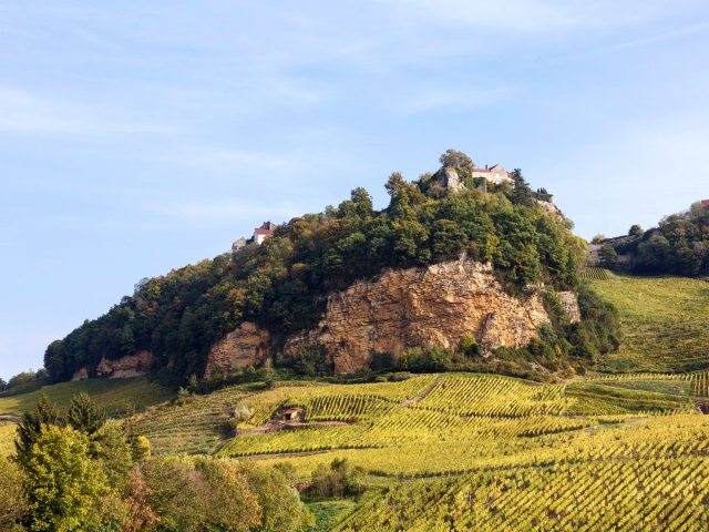 Vineyards covering rolling hills with house on hilltop in Jura, France