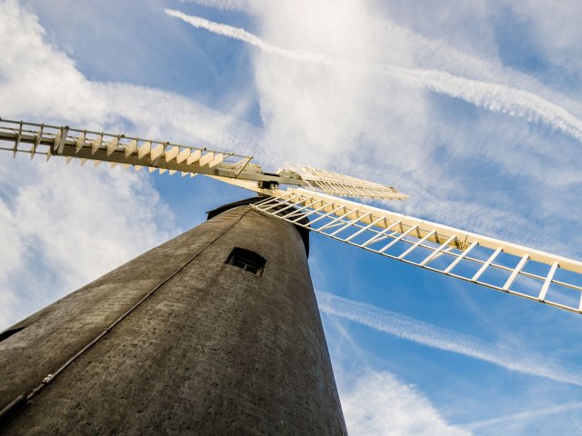 Looking up at Brixton Windmill in London from ground level