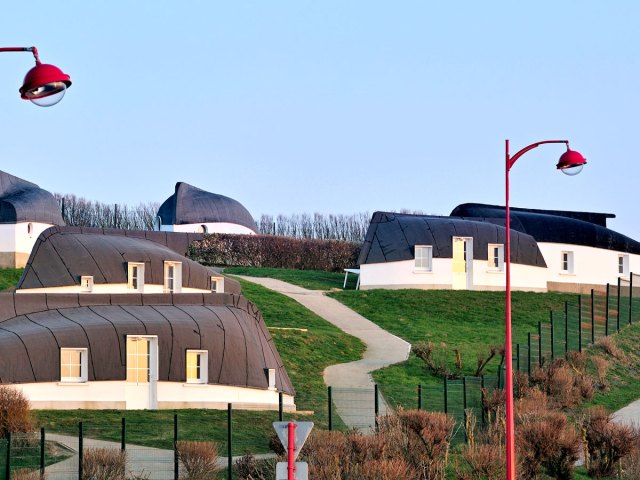 Overview of upside-down boat houses in Équihen-Plage, France