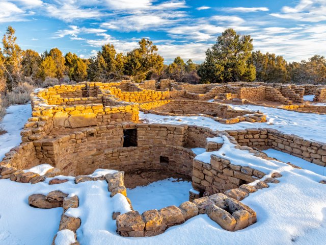 Snow-covered archaeological site in Mesa Verde National Park, Colorado