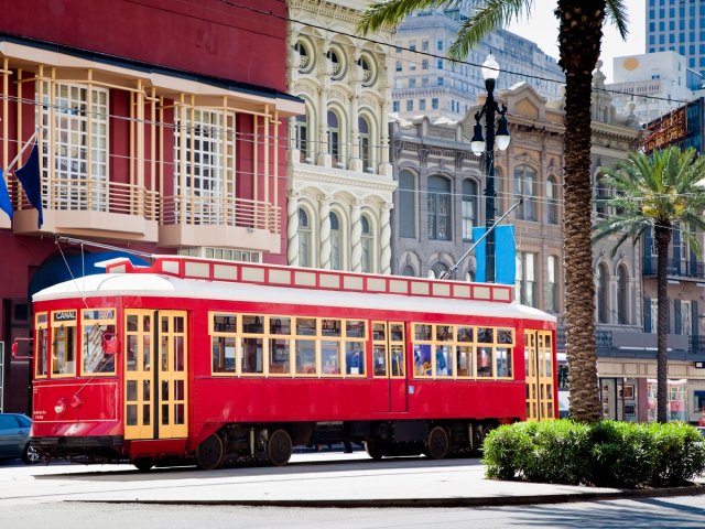 Red-painted streetcar in New Orleans, Louisiana