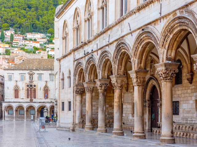Arched Gothic columns lining Rector's Palace in Dubrovnik, Croatia