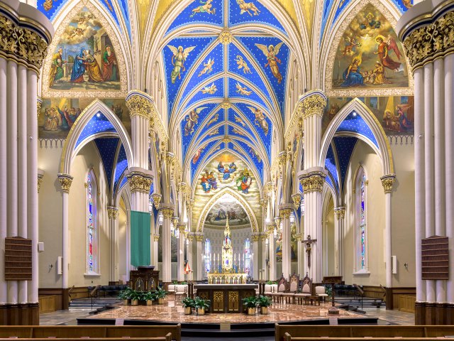 Colorful frescoes inside the Basilica of the Sacred Heart in South Bend, Indiana