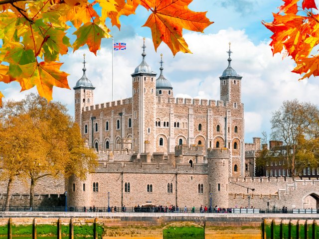 Tower of London framed by autumn leaves