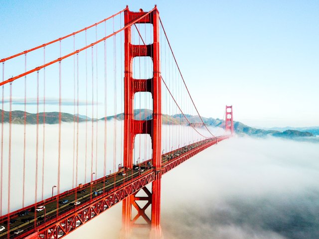 The Golden Gate Bridge above the fog in San Francisco, California