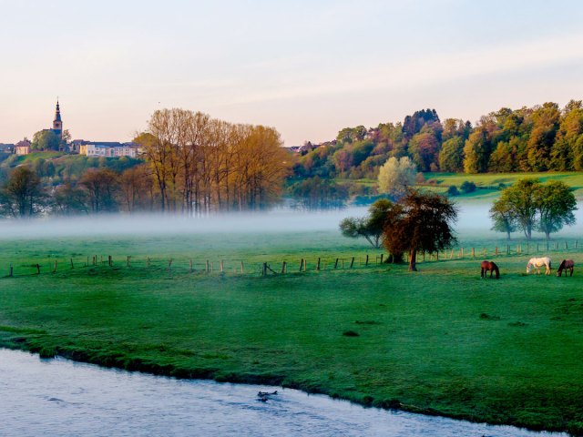 Mist-shrouded fields in Ny, Belgium