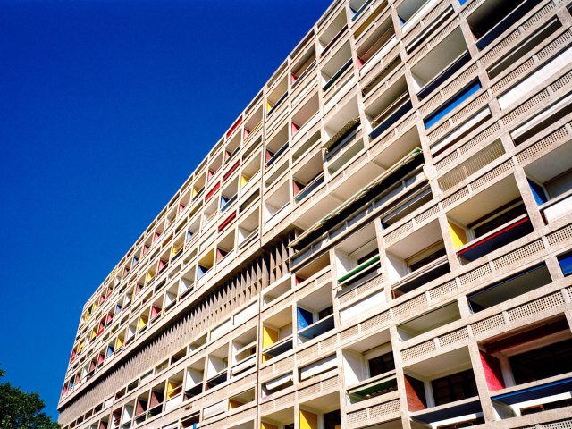 View up at La Cité Radieuse Brutalist housing complex in Marseilles, France