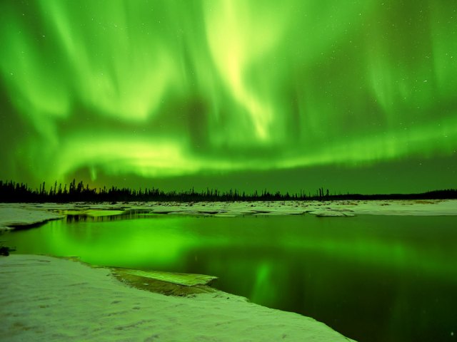 Intense green hues of the aurora borealis above snowy landscape of Fairbanks, Alaska