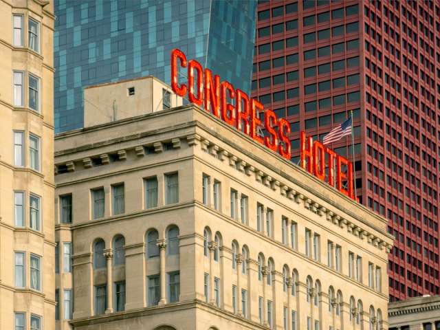 Red sign indicating Congress Hotel in Chicago, Illinois