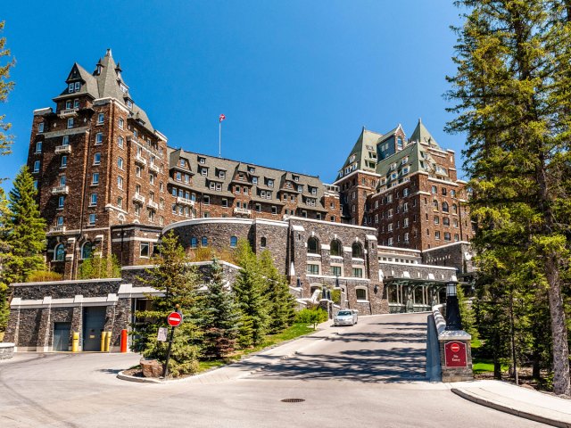Driveway entrance to the Fairmont Banff Springs Hotel in Banff, Canada