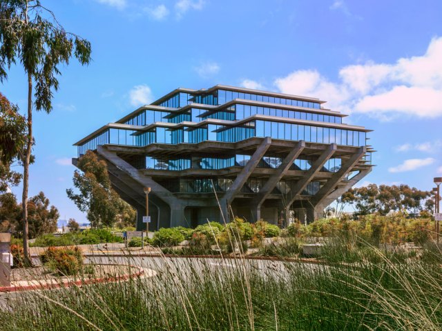 La Jolla's Brutalist Geisel Library framed by foliage