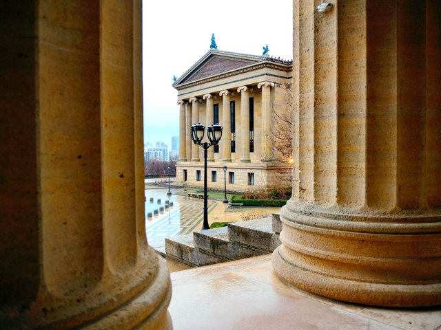 View of the famous Rocky Steps between columns at the Philadelphia Museum of Art