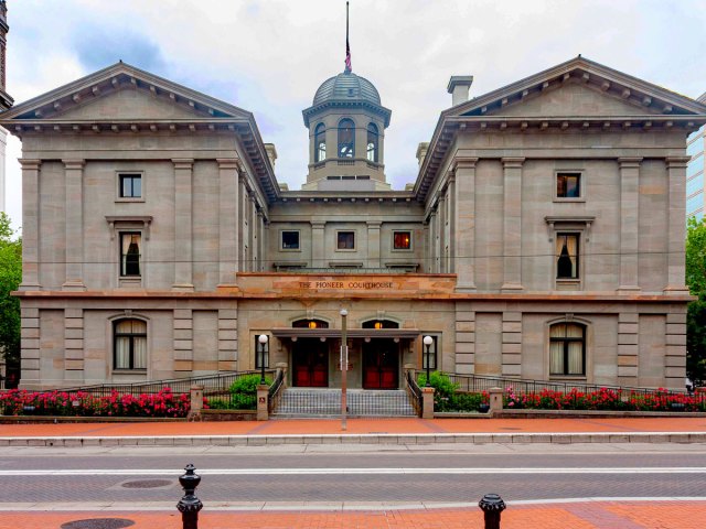 Exterior of Pioneer Courthouse in downtown Portland, ORegon