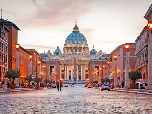 View of St. Peter's Basilica in Vatican City at dusk