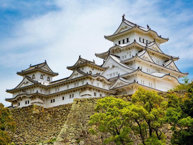 View up at Himeji Castle in Japan